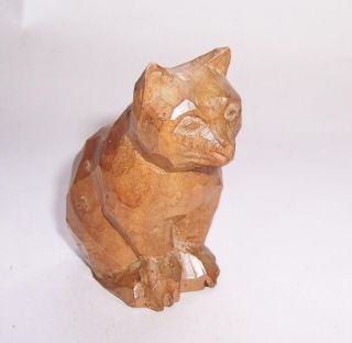 Vintage Antique Black Forest Wooden Cat Figure Carved Wood Ornament - Treen