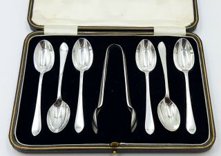 Art Deco Sterling Silver Tea Spoon And Sugar Tong Set Of 7,  Sheffield 1926.