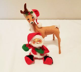 Vintage Annalee Mobilitee Christmas Santa Claus Riding / Hugging Reindeer