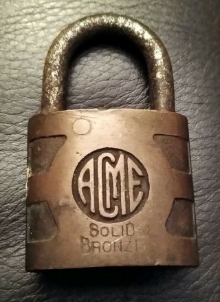 Vintage Antique Acme Solid Bronze Padlock Lock No Key Made In Usa Rare Lock