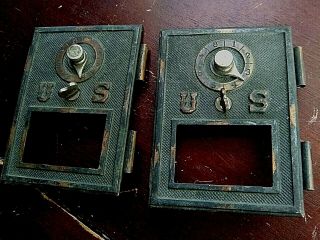 2 Antique Brass U S Post Office Postal Mail Box Doors Dial Lock 3.  5 " X 5 "