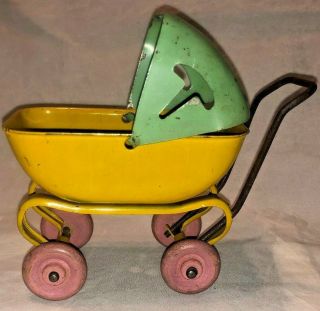 Antique Metal Wyandotte Baby Doll Stroller/carriage Steel 5 " Yellow And Green