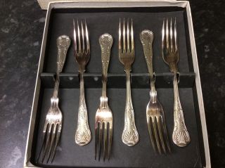 Vintage Boxed Set Of 6 Silver Plated Dessert Forks - Kings Pattern.  A1