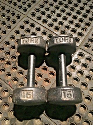 1 Pair Pre Usa Vintage Antique York Roundhead 15lb Dumbbells Weights Dumbells