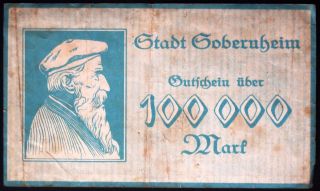 Sobernheim 1923 Rare 100,  000 Mark Inflation Notgeld German Banknote