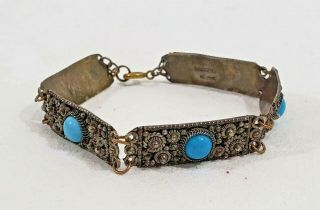 Fzb Antique Silver.  900 Made In Palestine Turquoise Accent 7 " Long Bracelet Euc