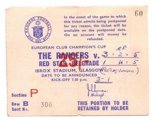 Ticket European Club Champions Cup The Rangers V Red Star Belgade 1964 Very Rare