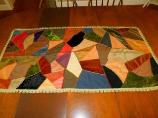 Antique Vintage Handmade Crazy Patch Wall Quilt Scarf Table Runner 25x49 " Velvet