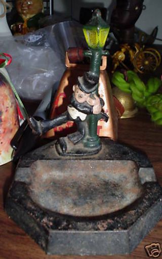Antique Cast Iron Drunk Man On Pole Figural Ashtray
