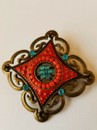 Vintage Antique Gold Brooch Pin Multicolor Beads Tibetan Style