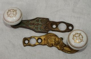 2 Antique Servants Butlers Bell Pull Ceramic & Brass Door Handles Crank 2of2