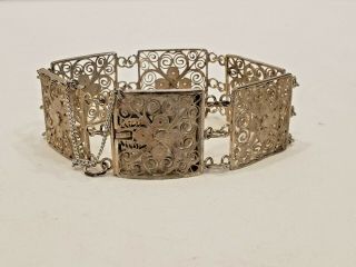 Vintage Chinese Silver Export Filigree Floral Paneled Bracelet Signed