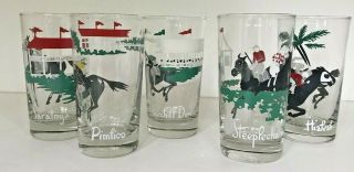 Set Of 5 Vintage Horses Different Derby Races Drinking Glasses Very Rare