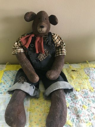 Primitive Old Brown Painted Teddy Bear Doll Folk Art 22 Inch