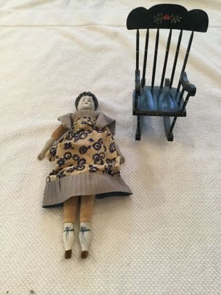 Vintage Porcelain And Cloth 11” Doll With Rocking Chair