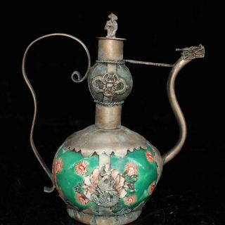 Old Ancient Collectable Miao Silver Carve Dragon Inlay Flower Porcelain Tea Pots