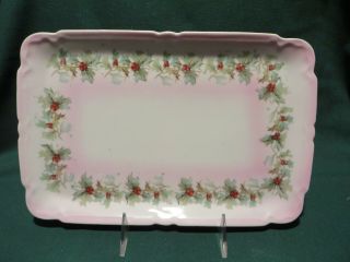 Antique Pink Luster Dresser Tray Decorated With Christmas Holly