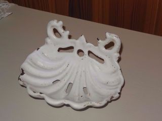 Antique French Enameled Cast Iron Soap Dish - White Enamel - Venus Shell Shaped