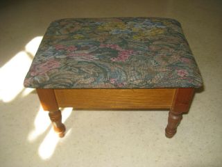 Vintage Powell Tapestry Foot Stool Flip Lid Storage Maple Wood Sewing Box