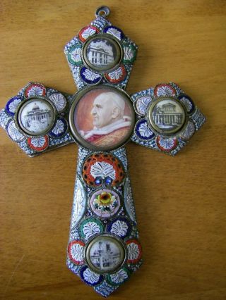 Vintage Papal Micro Mosaic 5 " Cross - Crucifix Pope Paul,  Rare