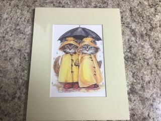 2 Cats In The Rain 1989 Bronwen Ross Matted Art Print Vintage