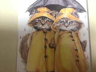 2 Cats in the Rain 1989 Bronwen Ross Matted Art Print Vintage 3
