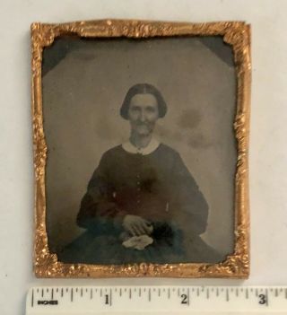 Antique Tintype Woman Seated Photo In Gold Metal Frame With Glass