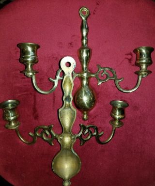 Pair Antique Vintage Solid Brass Double Arm Candle Wall Sconces Made In England