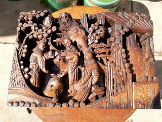 Antique Chinese Hand Carved 13 " Wood Panel.