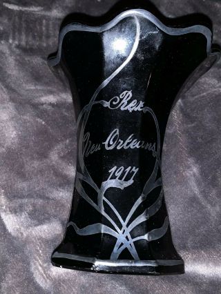 Rare Rex 1917 Mardi Gras Orleans Black Amethyst Silver Overlay Glass Vase