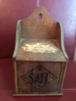Antique Primitive Wooden Hanging Salt Box - Vintage Salt Box Slanted Lid Nailed