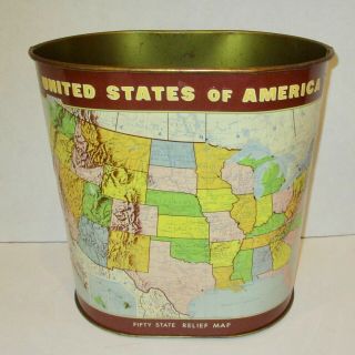 Relief Map Of Usa Metal Trash Garbage Can Wastebasket Vintage United States
