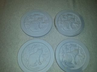 Set 4 Ceramic Kitty Cat Face Coasters White Rare Embossed Inlaid Design Cork