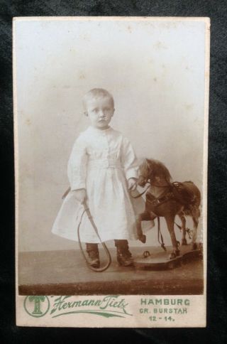 Very Cute Cdv Photo Boy Child Whip Antique German Wood Toy Horse On Wheels