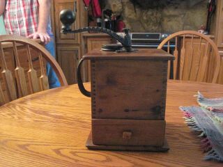 Antique / Primitive Coffee Grinder Wood Base & Drawer Cast Iron Top Hand Crank