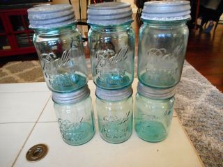 (6) Antique Pint Aqua Blue Ball Mason Canning Jars W/ Zinc Lids - 1910 - 1933