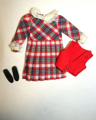 Vtg Barbie Skipper Doll 1928 " Rainy Day Checkers " Red Plaid Dress Vest Shoes