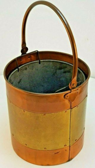 Antique Solid Copper And Brass Coal Scuttle With Tin Bucket Liner Uk P&p