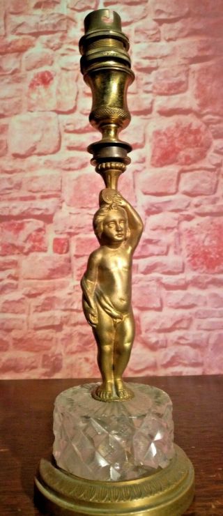 Antique Vintage Brass Cherub Crystal Glass Desk Side Table Lamp Light Ornate