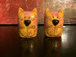 Unique Rare Ceramic Kitty Cat Salt & Pepper Shakers Studio Pottery Clay Art