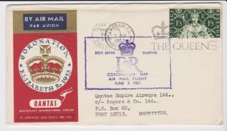 Gb Stamps Rare First Day Cover 1953 Coronation Souvenir Qantas Airmail Mauritius