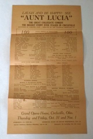 Rare 1929 Circleville Ohio Play " Aunt Lucia " Broadside Grand Opera House Names