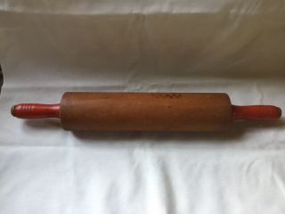 Antique Wooden 15 Inch Rolling Pin With Red Handles