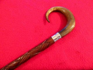 Antique Silver Collar Rams Horn Carved Handle Basket Weave Wooden Walking Stick