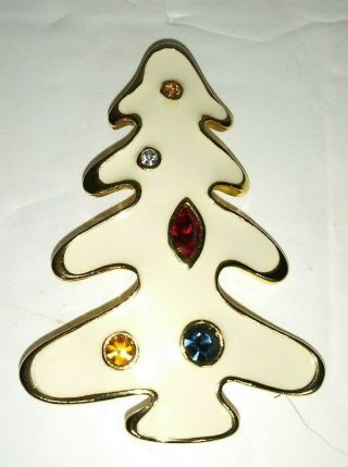 Rare Vintage Modern White Enamel Gold Tone Rhinestones Christmas Tree Pin Brooch