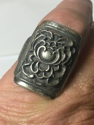 Antique Chinese Silver Ring Hand Carved Lotus Adjustable Size