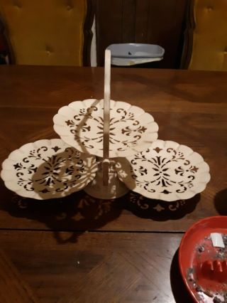 3 Tier Vintage White Metal Folding Serving Tray With Handle And Rare Designs