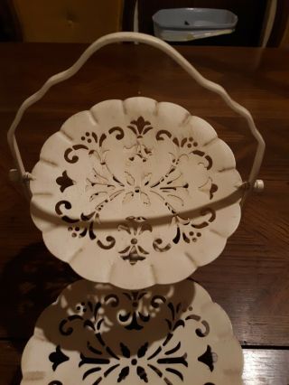 3 TIER VINTAGE WHITE METAL FOLDING SERVING TRAY WITH HANDLE AND RARE DESIGNS 2