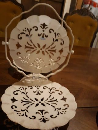 3 TIER VINTAGE WHITE METAL FOLDING SERVING TRAY WITH HANDLE AND RARE DESIGNS 3