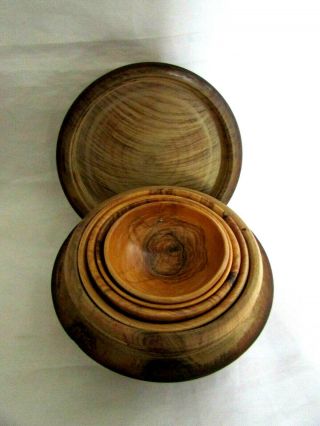 Very Small Turned Wooden Treen Bowls / Dishes In Threaded Wooden Circular Box